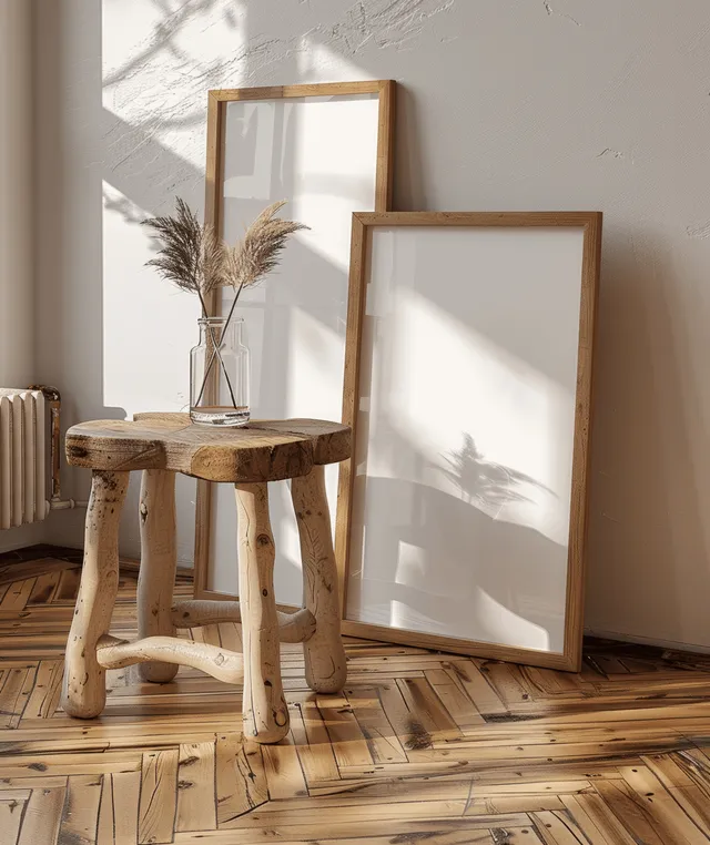 Blank wooden picture frame mockup leaning against a wall next to a rustic stool on a parquet floor.
