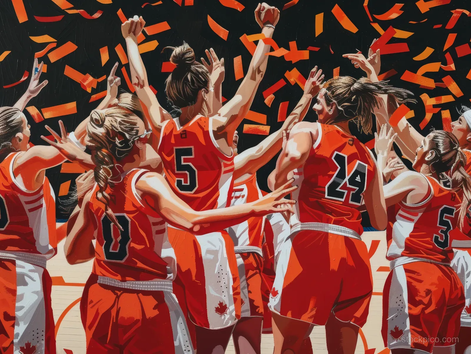 Canadian women basketball players celebrate with raised arms while orange confetti bursts around them on the court.