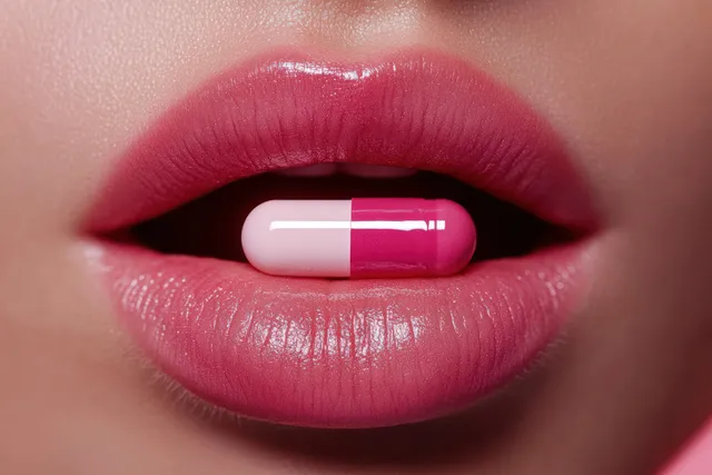 Glossy pink lips hold a pink and white capsule pill between the lips in a tight close-up.