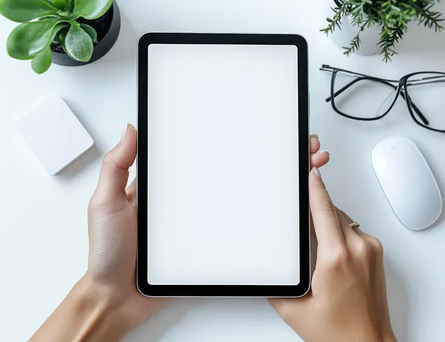 Hands holding a blank digital tablet over a white desk with a wireless mouse, glasses, and potted plants.