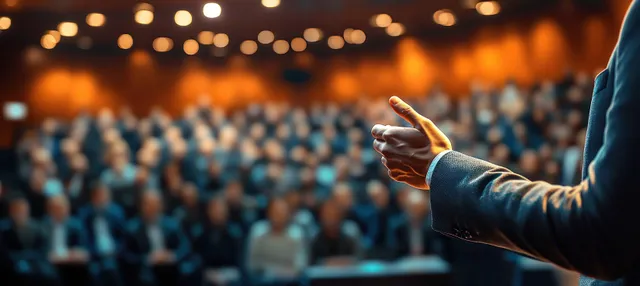 An Asian businessman in a suit gestures while speaking at a conference with a blurred audience behind him.