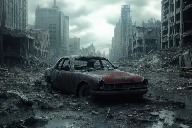 Rusted sedan parked in rubble-filled street between crumbling skyscrapers under smoky overcast sky.