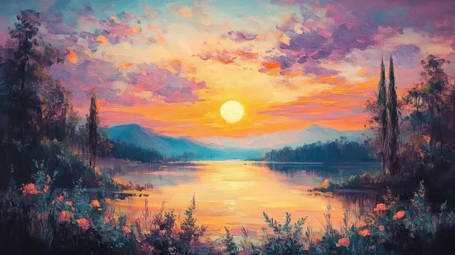 Sunset over a calm lake with flowered shoreline, trees, and distant blue mountains