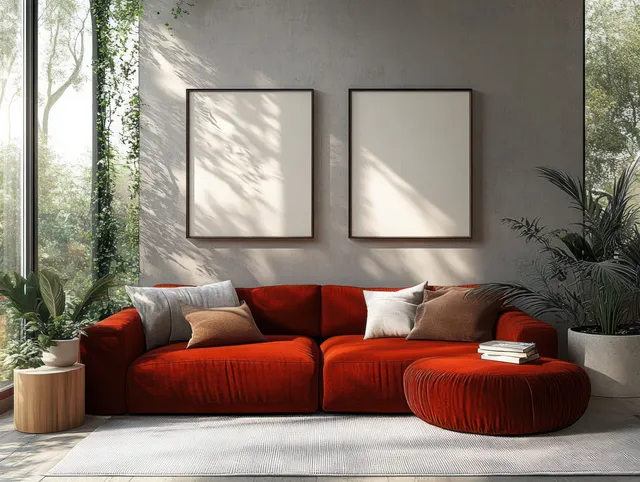 Deep red sofa centered in a minimalist living room with two blank framed posters and soft daylight through large windows.