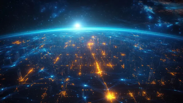 Futuristic illuminated cities on a curved Earth horizon with glowing network connections under a starry sky.