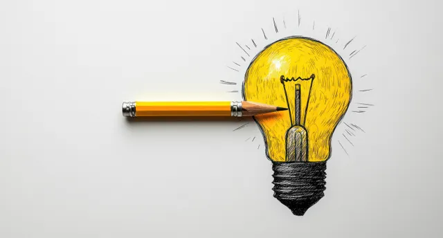 Yellow pencil completing a hand-drawn glowing light bulb sketch on white background
