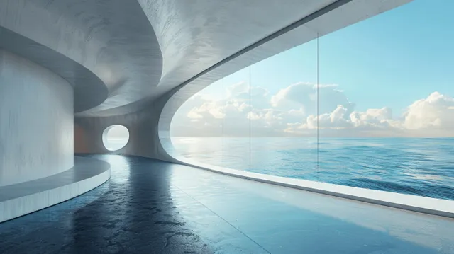 Empty curved concrete interior with tiled floor, bright window panels, and ocean horizon visible.