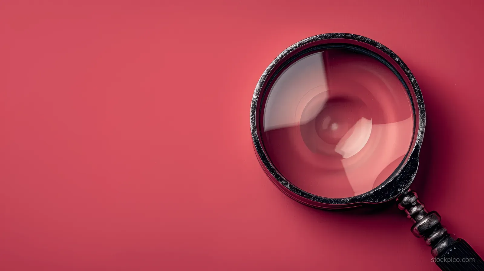 Magnifying glass icon with a red exclamation mark on a bold red hazard background.