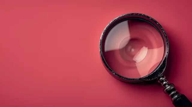 Icono de lupa con un signo de exclamación rojo sobre un llamativo fondo rojo de peligro.