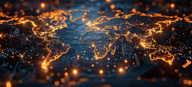 Digital world trade map with glowing routes and microchip circuitry at night