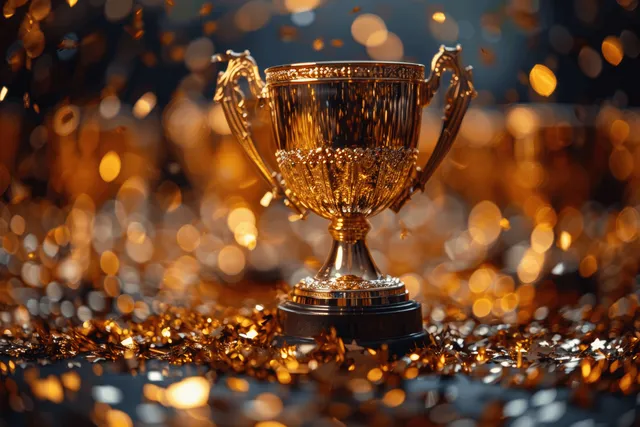 Golden trophy cup on confetti-covered surface with sparkling bokeh lights on a dark background.