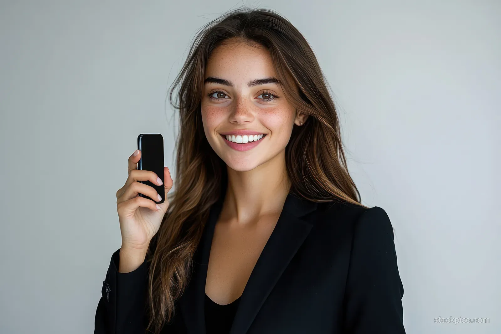 Smiling young woman in a black blazer holding a smartphone against a plain light studio background.