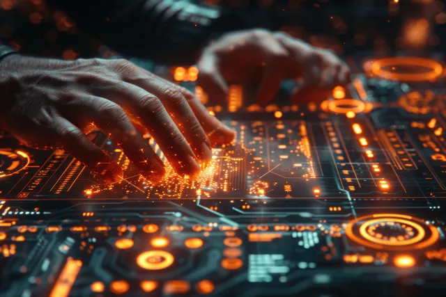 Hands adjusting a glowing server control panel with data interfaces in dark futuristic environment