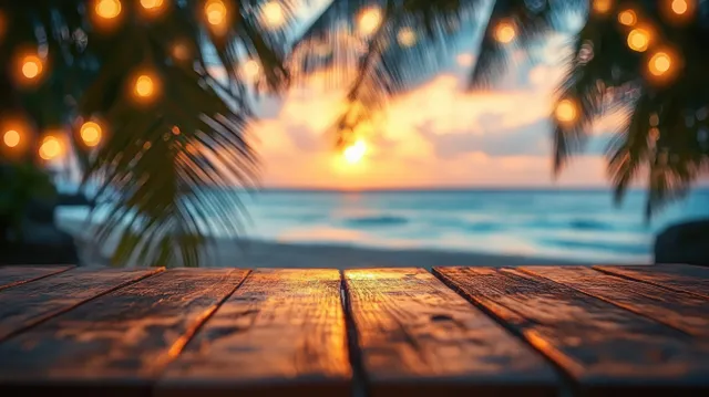 Sunset beach wooden tabletop with palm fronds, ocean horizon, warm bokeh lights