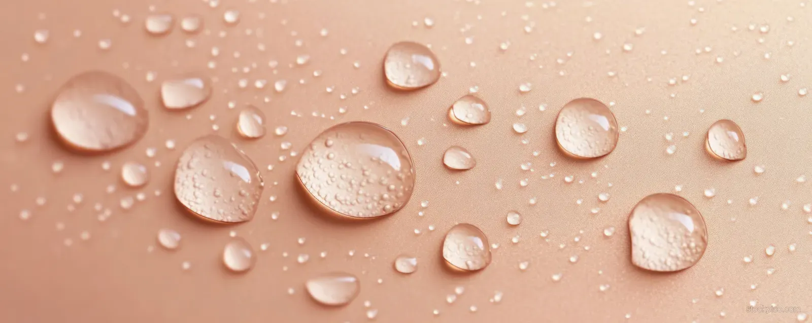 Transparent aloe vera gel droplets on a soft beige background, showing glossy hydration beads and gel texture.
