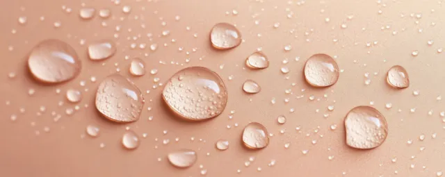 Transparent aloe vera gel droplets on a soft beige background, showing glossy hydration beads and gel texture.