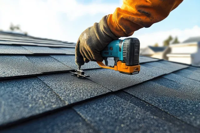 Gloved worker drills metal clips into textured rooftop shingles in bright daylight