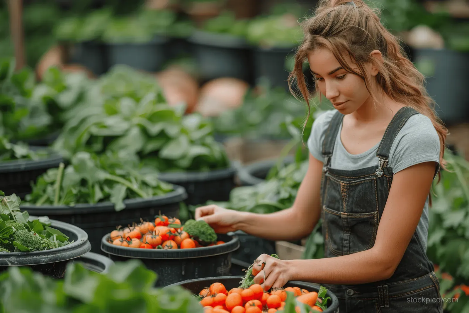 Young woman in denim overalls picking cherry tomatoes in a vegetable garden.