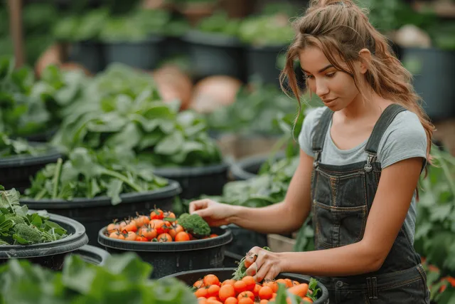 Young woman in denim overalls picking cherry tomatoes in a vegetable garden.