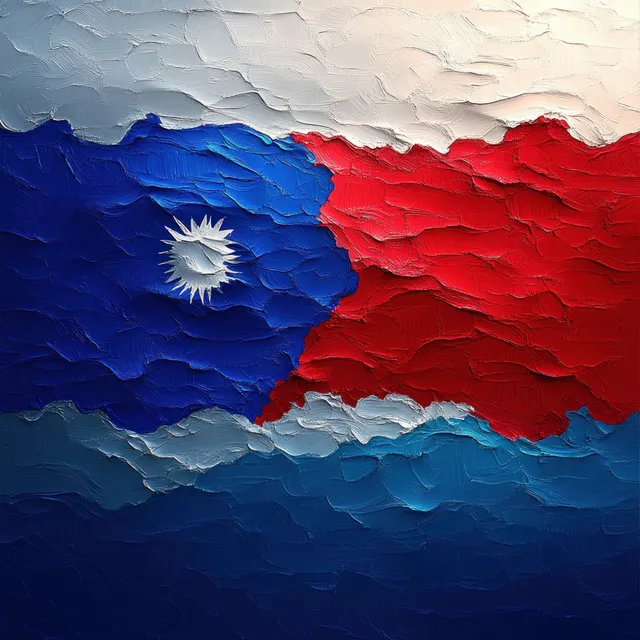 厚涂纹理画作分为蓝色和红色风景，带锯齿状边界和白色太阳符号。