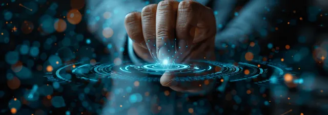 A hand reaches for a glowing digital target arrow amid blue data points and analytics graphics.