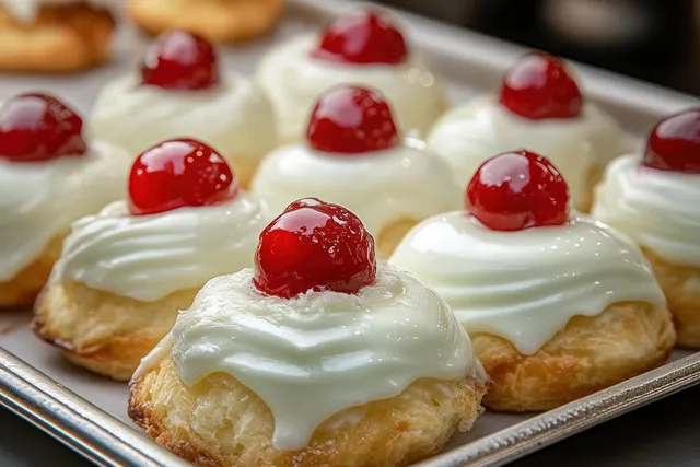 Mini Sicilian Cassata Pastries with White Icing and Cherry Tops