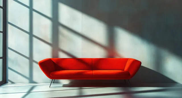 Oversized red sofa sits awkwardly in a small white living room under window light with long shadows.