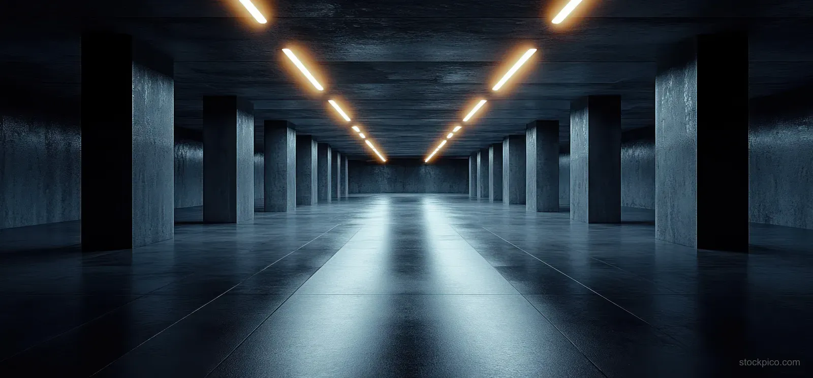 A dark concrete corridor with repeating pillars, glowing fluorescent ceiling lights, and long perspective shadows.
