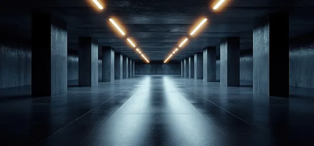 Dark concrete corridor with fluorescent light strips and deep vanishing-point shadows