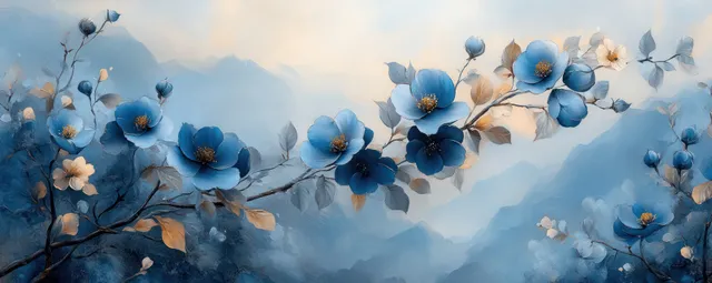 蓝色花朵悬浮在朦胧云雾背景上，带有纹理复古拼贴层次。