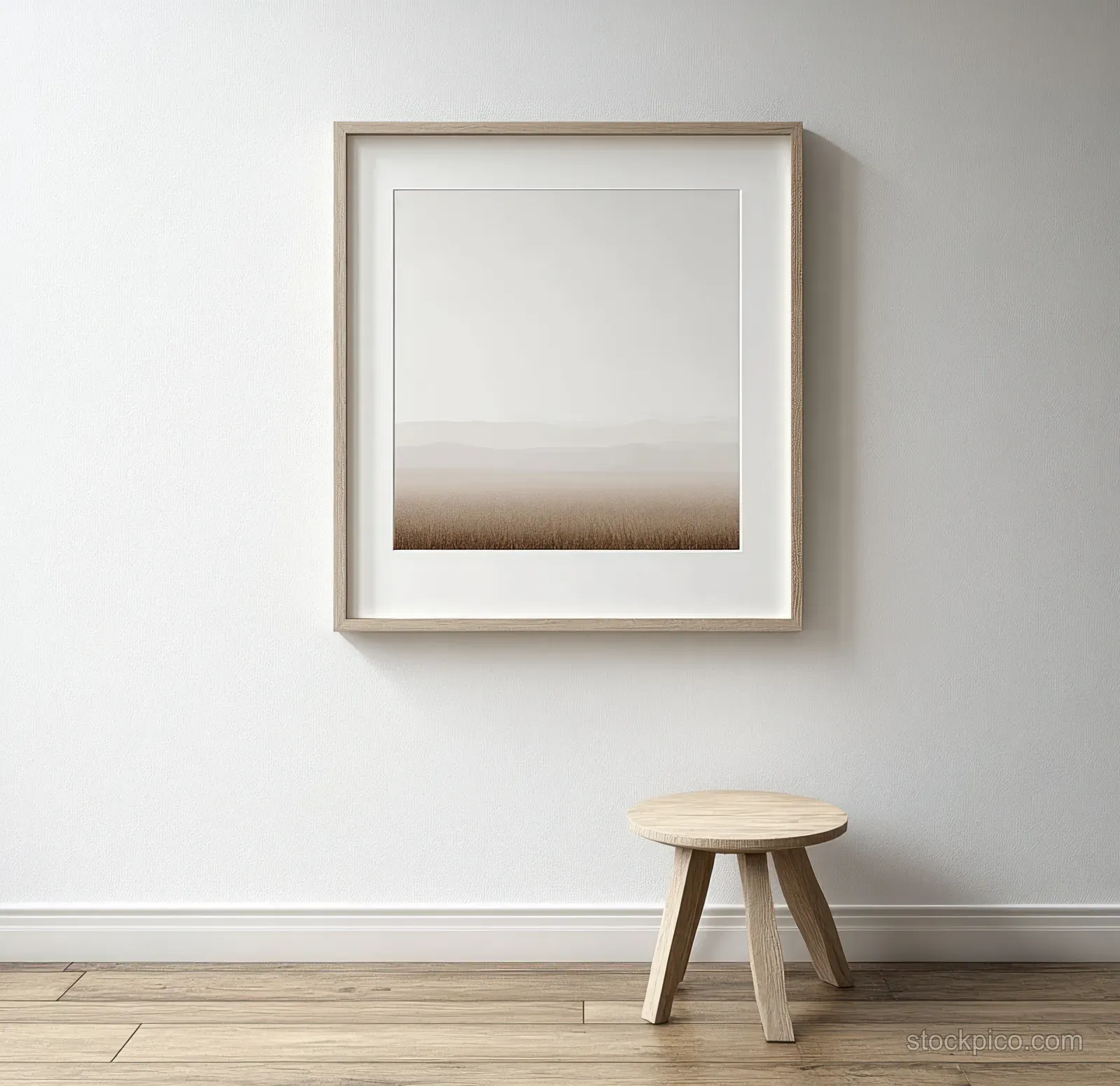 Minimal square photo frame mounted on a beige wall above a small wooden stool in soft light.