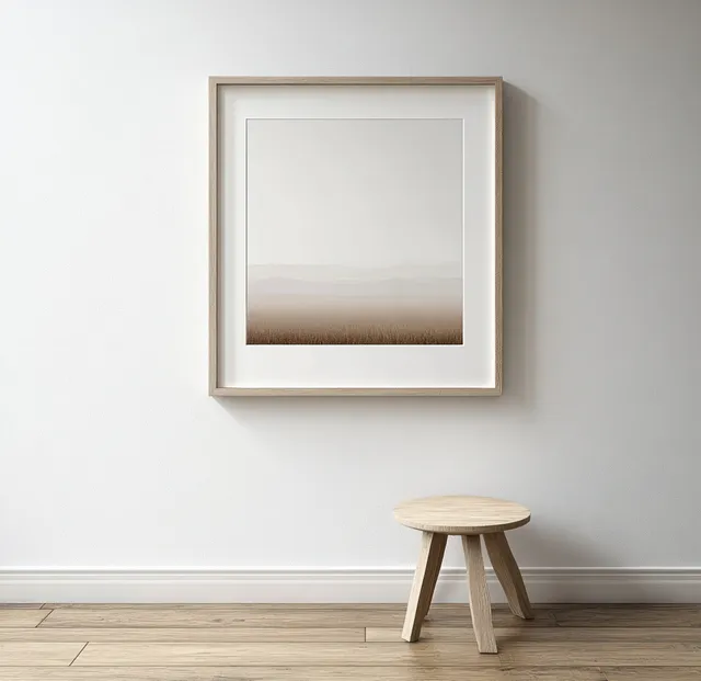 Minimal square photo frame mounted on a beige wall above a small wooden stool in soft light.