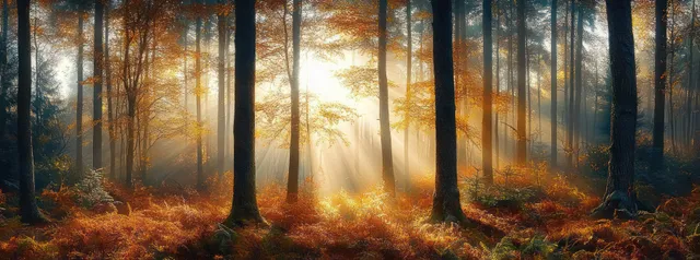 Sunbeams pierce misty autumn forest through tall tree trunks over glowing orange foliage