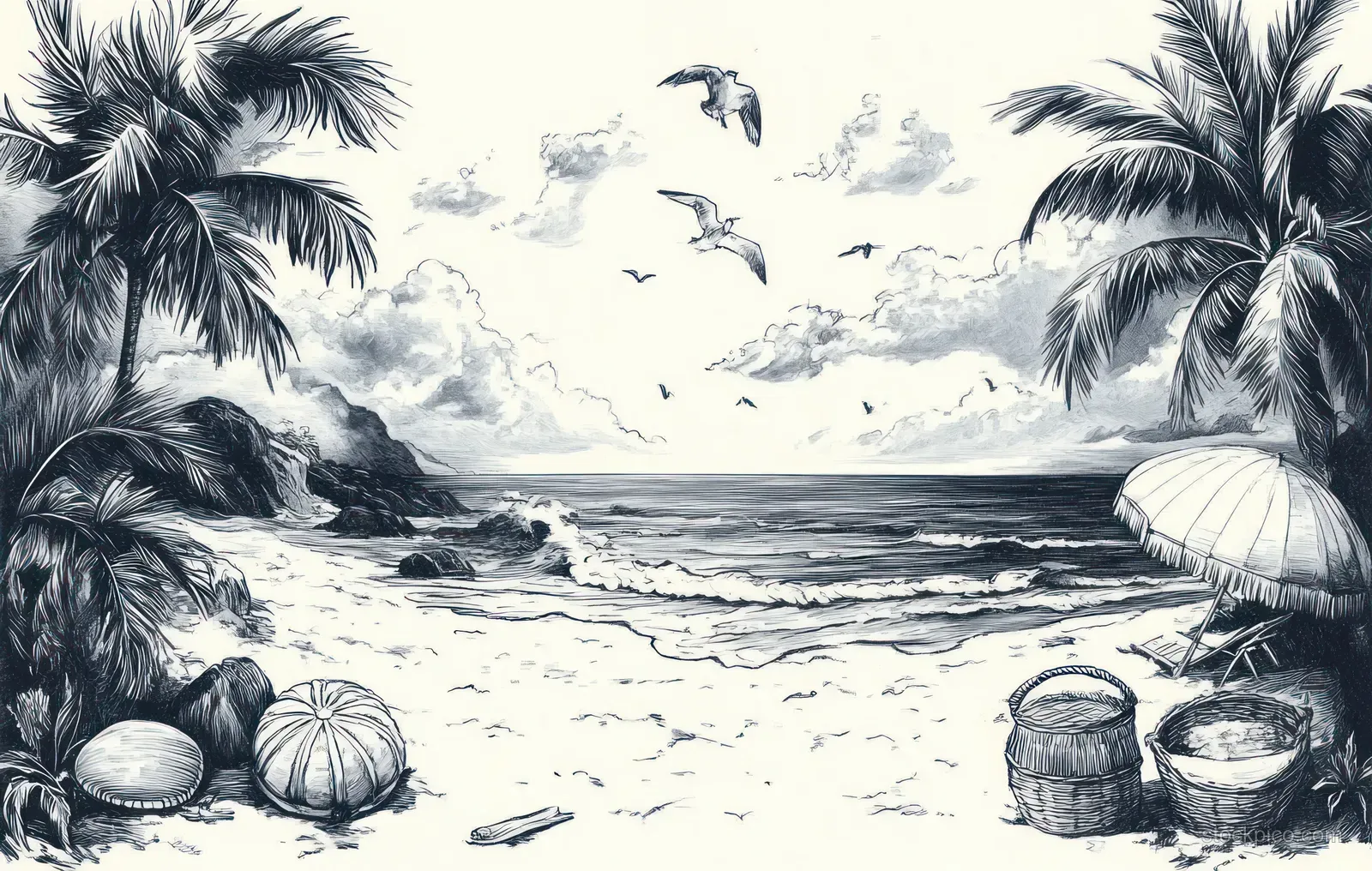 Vintage ink sketch of a beach with palm trees, sea waves, and woven baskets on the sand.