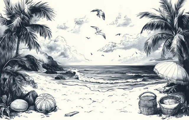 Vintage ink sketch of a beach with palm trees, sea waves, and woven baskets on the sand.