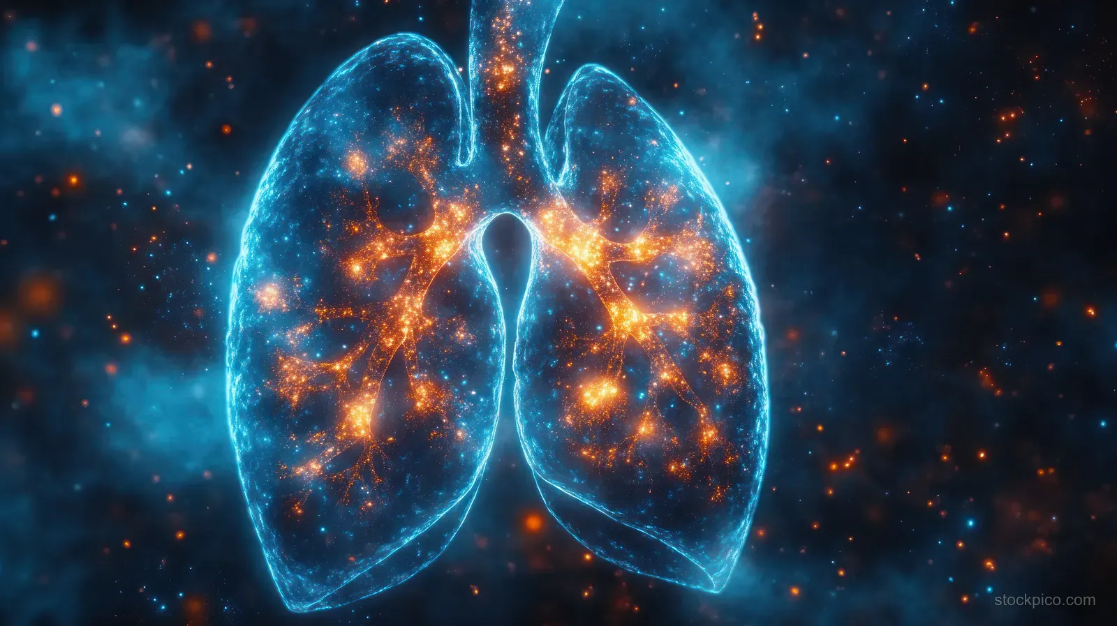 Two glowing lungs with fiery particles float within a blue cosmic nebula background.