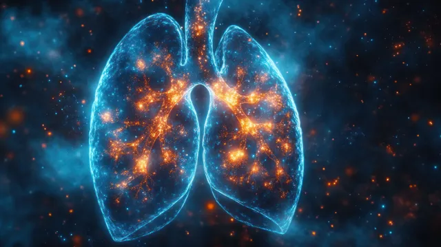 Two glowing lungs with fiery particles float within a blue cosmic nebula background.