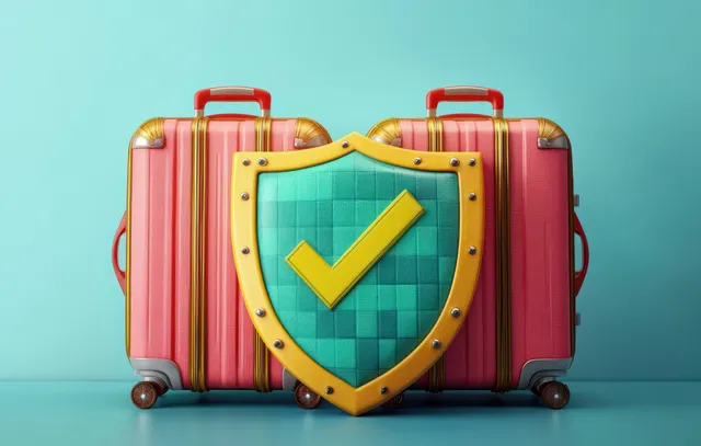 Two coral pink suitcases with a teal and gold security shield and yellow checkmark against a light teal background.