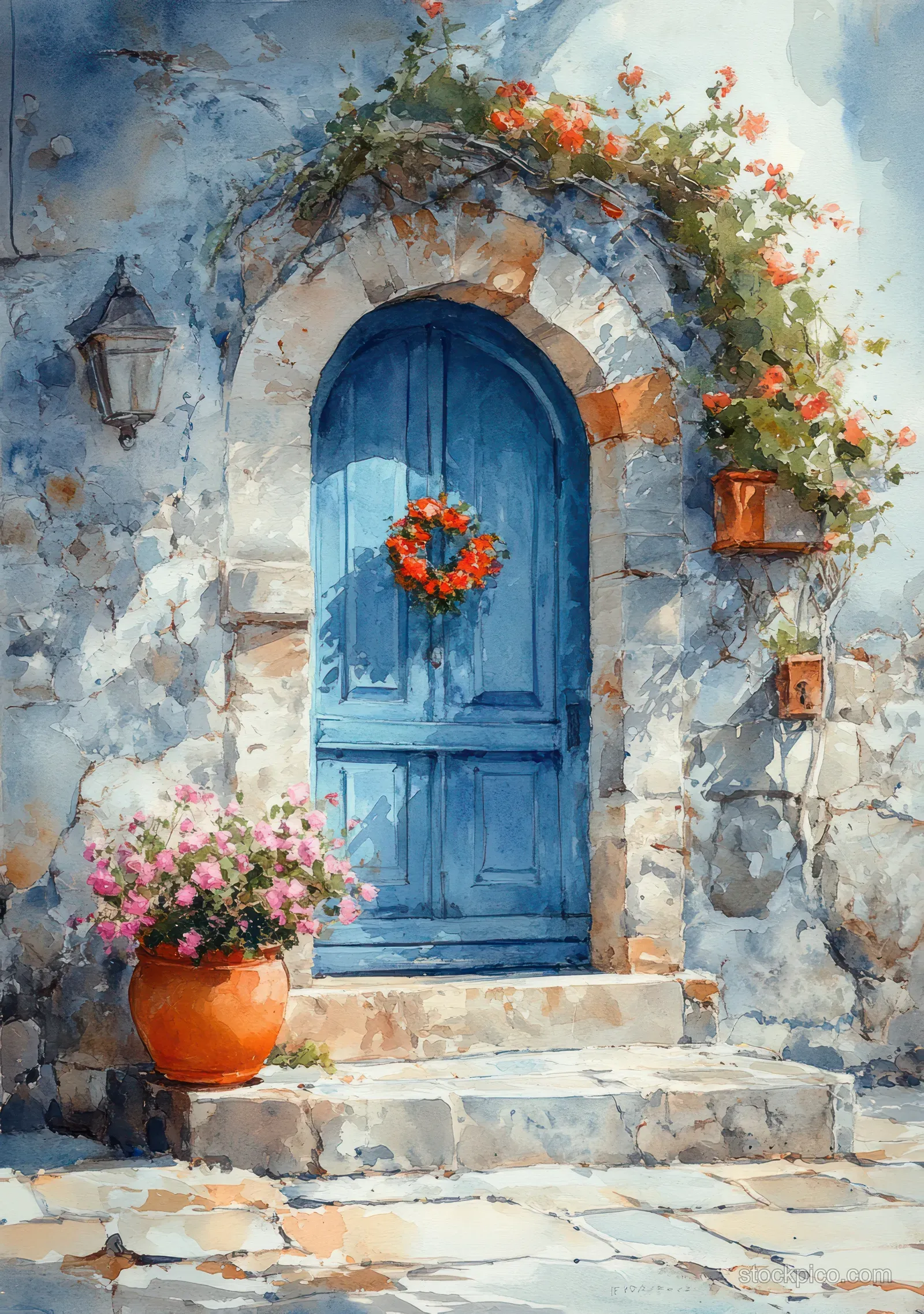 Watercolor illustration of a blue wooden door beneath stone arches with flower pots and blooming flowers.