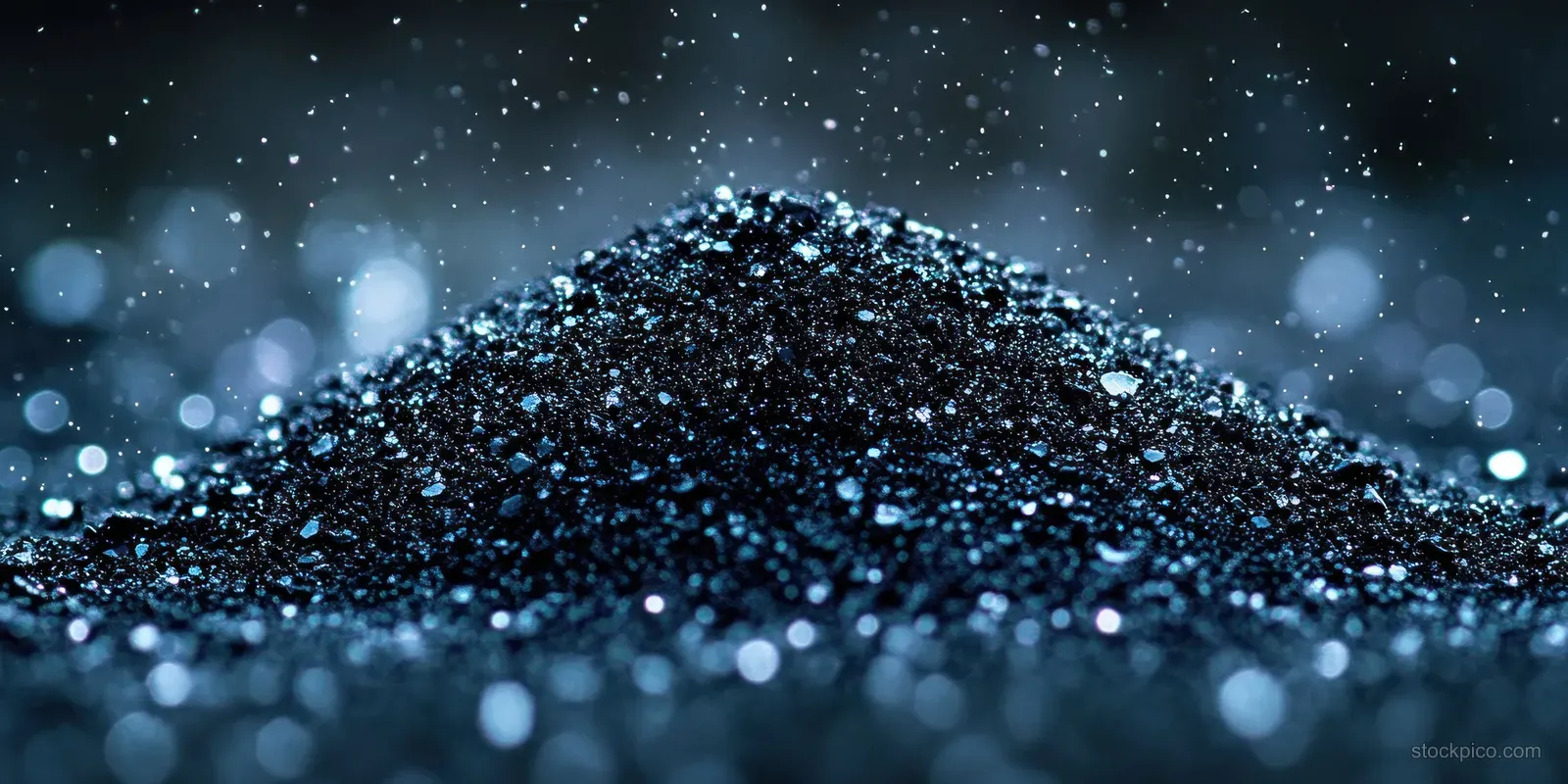 Shimmering black-and-silver mineral particles form a mound under blue bokeh laboratory lights.