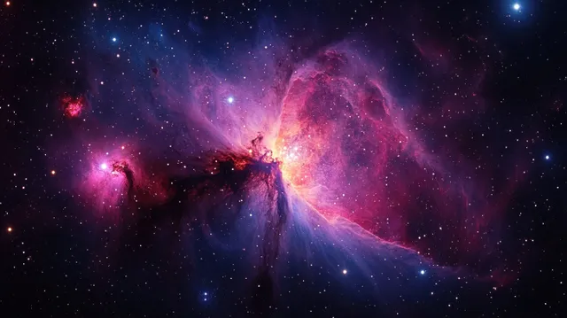 Vibrant purple and pink nebula glowing with starlight across deep blue space