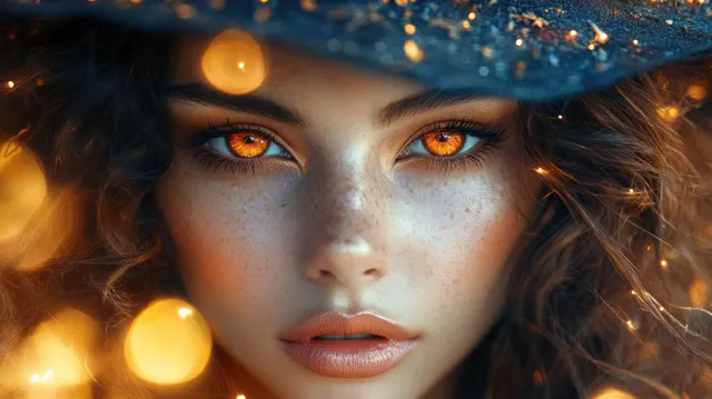A witch-costumed woman with autumn makeup and vivid eyes poses at night with warm bokeh lights behind her.