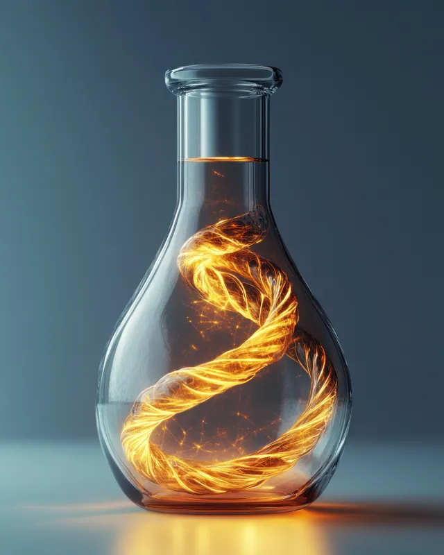 Yellow liquid flask with glowing energy veins and coiled tubes on laboratory backdrop