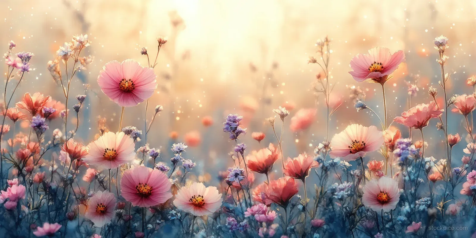 Watercolor wildflowers in pink and blue bloom across a soft dreamy light background.