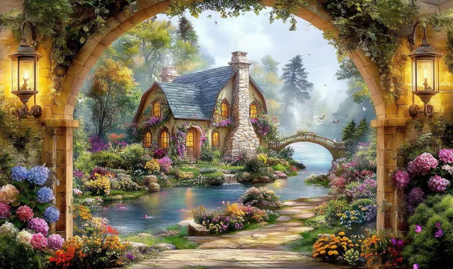 Stone archway frames a lantern-lit cottage garden with colorful flowers around a misty pond.