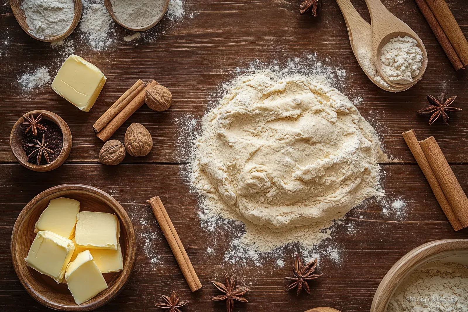 Flour dough is centered on a wooden table with butter slices, walnuts, cinnamon sticks, and star anise around it.