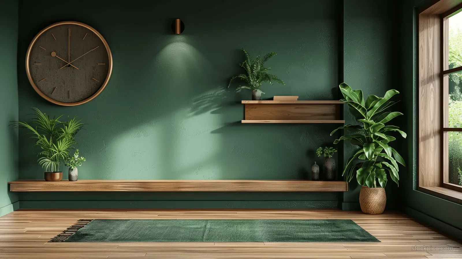 Minimalist living room interior with dark green wall, wooden shelves holding plants, a wall clock, and a patterned carpet.