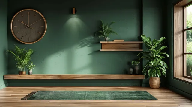 Minimalist living room interior with dark green wall, wooden shelves holding plants, a wall clock, and a patterned carpet.