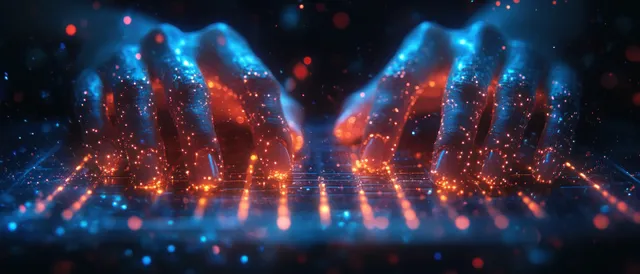 Mãos cyberpunk digitam em um laptop enquanto a luz do smartphone e linhas de dados de rede brilham ao redor.