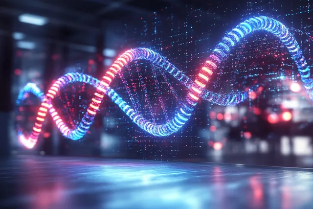 Glowing 3D DNA double helix floats in a futuristic illuminated lab with blue-red segments